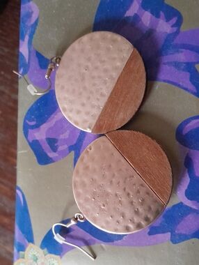 Hammered Metal and Wood Half-Moon Drop Earrings - Brown